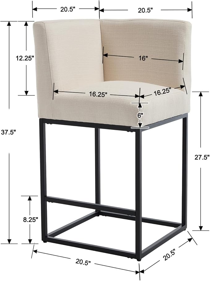 VESCASA 27" Counter Height Bar Stools with Padded Back, Modern Upholstered Counter Stool Chairs with Black Metal Frame for Kitchen Island, Linen Cream, 1 Left Side Seat and 1 Right Side Seat