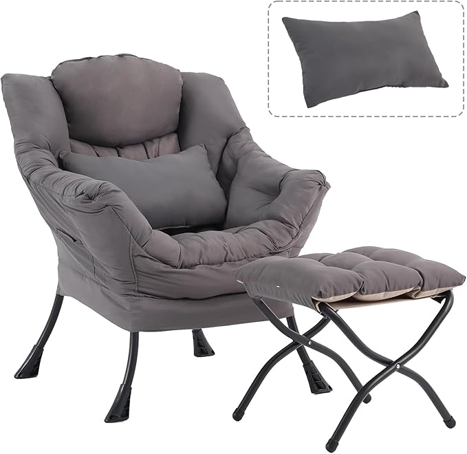 Lazy Chair with Ottoman, Modern Accent Chair with Lumbar Pillow, Comfy Chairs with Folding Footrest for Bedroom, Reading, Oversized Supportive Lounge Chairs(Dark Grey)