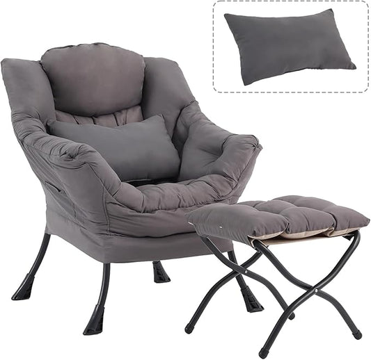Lazy Chair with Ottoman, Modern Accent Chair with Lumbar Pillow, Comfy Chairs with Folding Footrest for Bedroom, Reading, Oversized Supportive Lounge Chairs(Dark Grey)