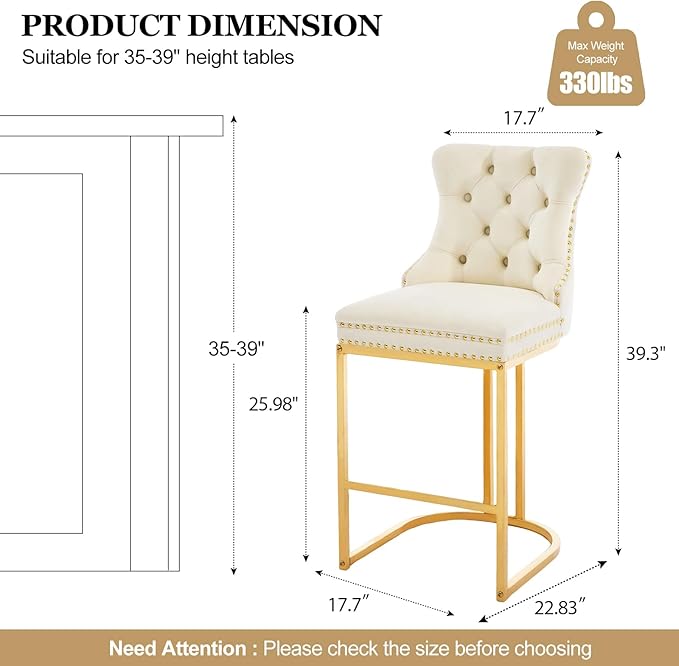 UVV Counter Height Bar Stools Set of 2, 26" Modern Barstools with Back, Velvet Upholstery Counter Chairs with Metal Legs for Kitchen Island, Bar, Counter, Beige