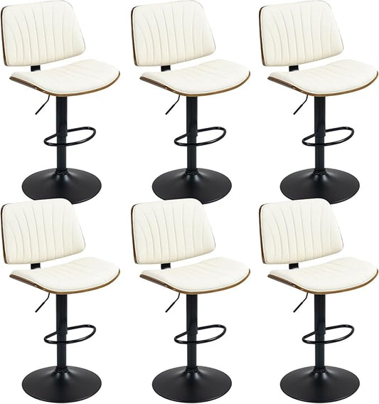 ECOTOUGE Bar Stools Set of 6, Adjustable Bentwood Barstools, Modern Swivel Bar Height Chairs with Back and Footrest for Kitchen Island, Counter, Dining Room(Ivory White/Beige)