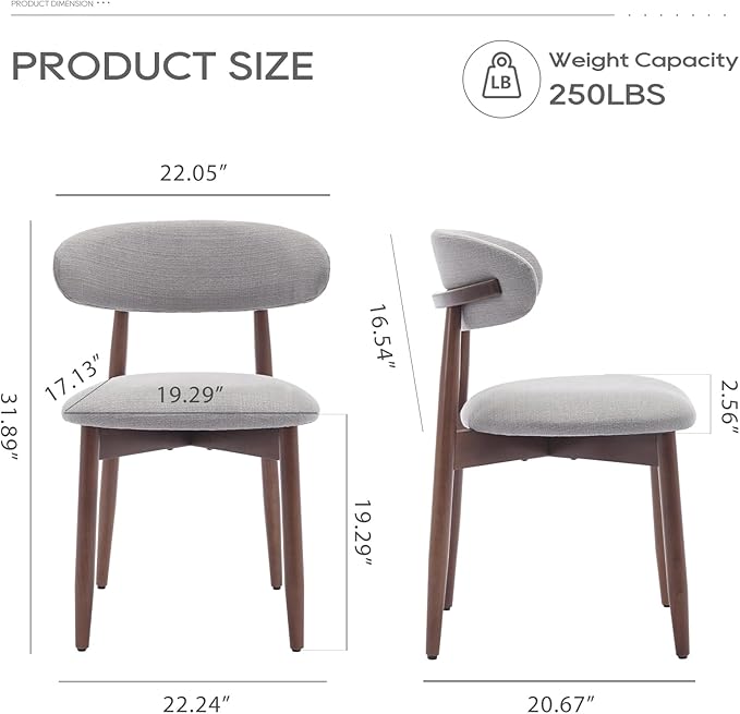 COLAMY Wooden Dining Chairs Set of 2, Modern Fabric Upholstered Dining Room Chair, Farmhouse Kitchen Chairs with Foot Pegs, Light Grey