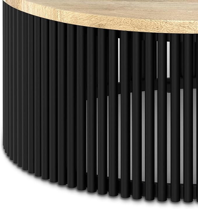 SIMPLIHOME Demy Coffee Table - 35 inch Wide Industrial Contemporary Round Cocktail Table in Natural and Black, Sculptural Living Room Table with Wood Veneer Top and Powder Coated Metal Base, Assembled