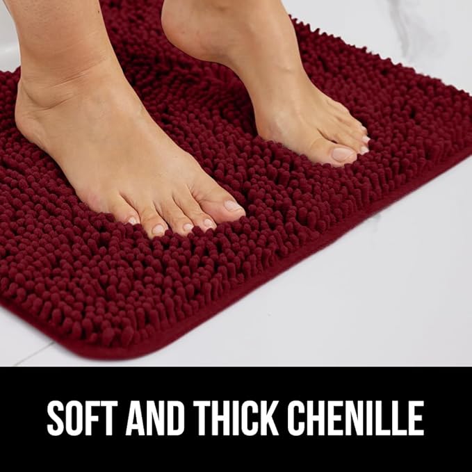 GORILLA GRIP Plush Absorbent Shaggy Chenille Bath Rug Mat for Square Toilet Base with Rubber Backing, Machine Washable Rugs, Soft Microfiber Contour Mats for Toilets, Bathroom Decor, Burgundy