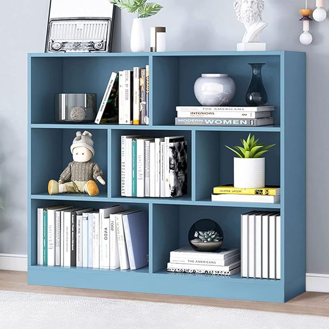 IOTXY Open Shelf Low Bookcase - Wooden 3-Tier Floor Standing Display Cabinet Organizer with Base, 7 Cubes Short Horizontal Bookshelf in Bright Blue