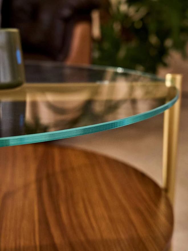 Shrine Round Glass Coffee Table, Mid-Century Modern Design, D30 x H17 in, 2-Tier Structure, Clear Glass Top and Walnut MDF Shelf, Sleek Conical Metal Legs with Gold Finish