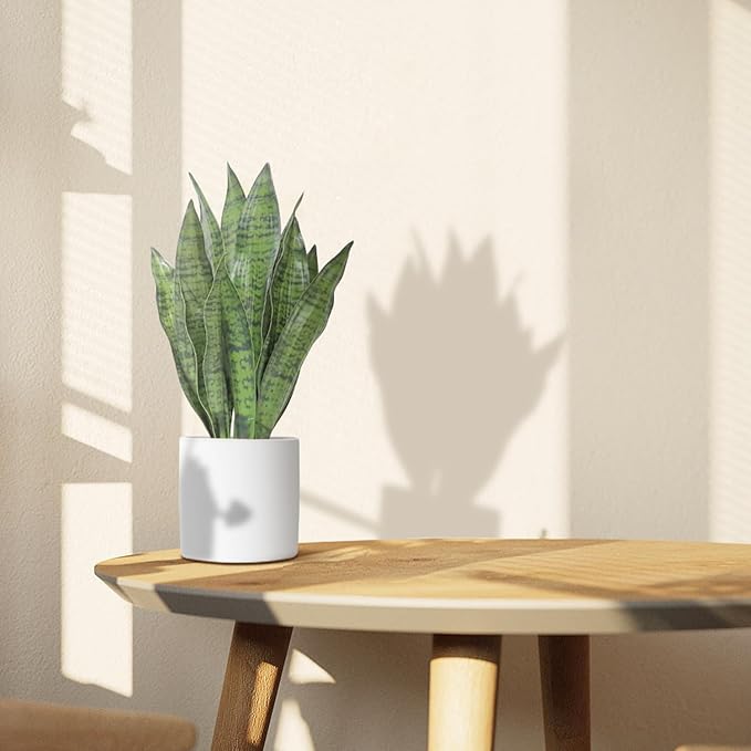 Artificial Snake Plant Set of 2, 18" Faux Snake Plant with Pure White Ceramic Pots, Fake Sansevieria for Home Decor Indoor, Office, Living Room, Housewarming Gifts