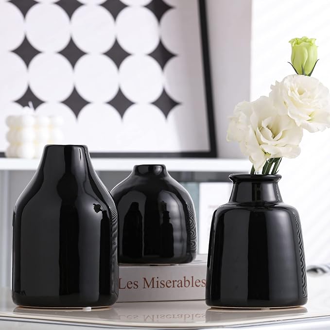 Black Small Vase Set of 3 for Modern Home Decor,Ceramic Vases for Centerpieces Flower Vases for Living Room Wedding/Dinner Table/Party-Black