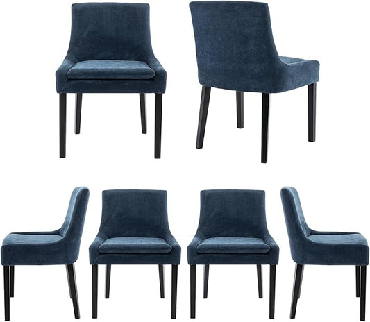 COLAMY Modern Dining Chairs Set of 6, Upholstered Corduroy Accent Side Leisure Chairs with Mid Back and Wood Legs for Living Room/Dining Room-Blue