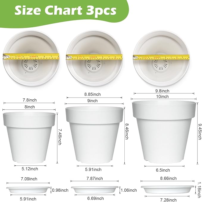 3-Pack 8/9/10 Inch Plastic Plant Pots with Saucers – Durable BPA-Free Planters with 21 Drainage Holes, Raised Bottom Breath and Bottom Watering Design for Indoor & Outdoor – White
