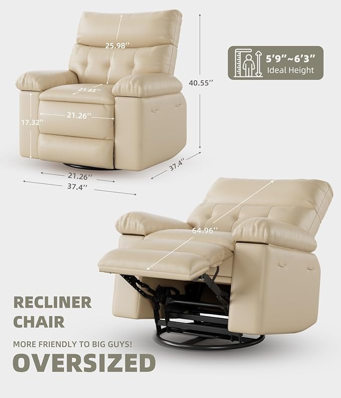 GarveeHome Oversized Recliner Chairs, Classic Manual Leather Recliner, Home Theater Seating with Lumbar & Arms Support for Living Room, Bedroom and Nursery - Beige