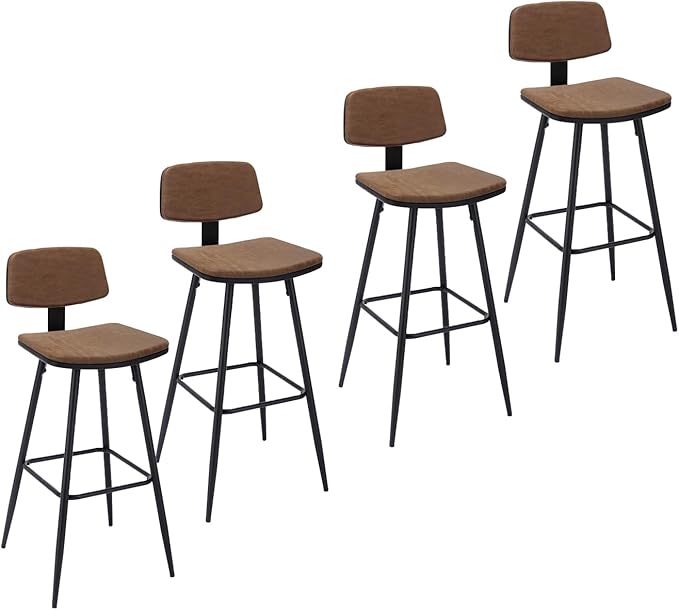 Bar Stools Set of 4, Bar Chairs w/PU Leather Seat and Backrest, Frosted Iron Frame, 29.33'' Seat Height Counter Stools, Simple Assembly, for Dining Room Kitchen Counter Bar, Brown