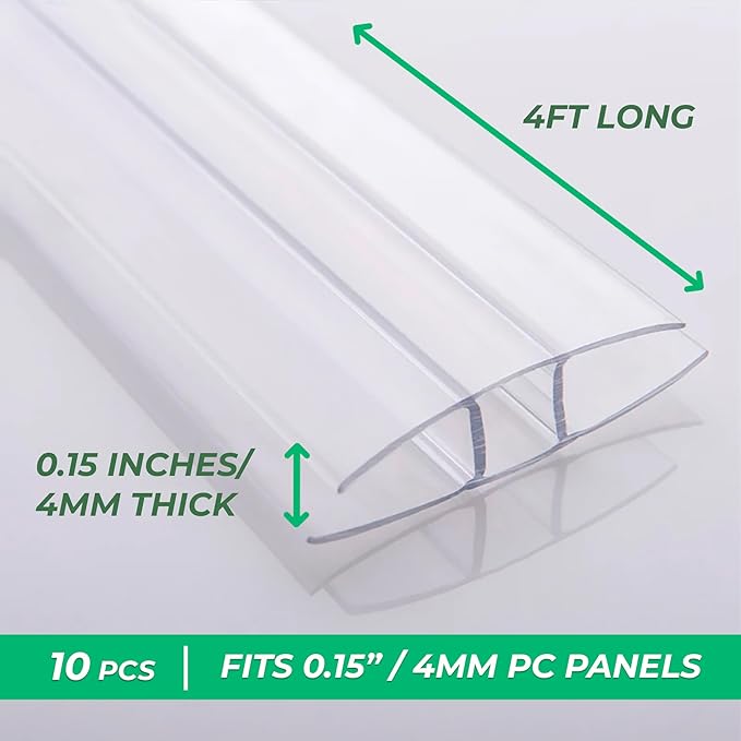 Polycarbonate Greenhouse Panels (H Connectors) - 0.15" Thick, Fits 4mm Twin-Wall Polycarbonate Panels, Join 2 Pieces of Panels Together, 4-Foot Length, 10 Pieces (H Connectors 4mm, 4ft)