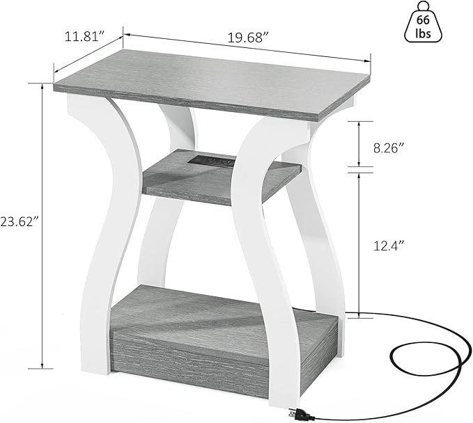 End Tables Living Room Set of 2,Grey End Table with Charging Station,Grey Side Table, Nightstand for Bedroom, 3 Tier End Table with Storage Shelf for Living Room