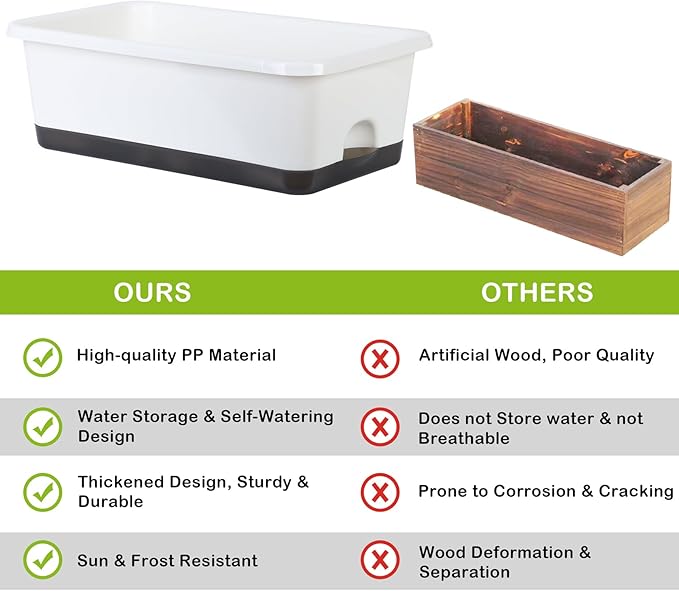 Window Box Planter 6 Pcs, 18 Inches Rectangle Flower Pots with Drainage Holes and Trays, Vegetable Planters for Windowsill Patio Garden Balcony Home Porch Yard Indoor Outdoor (White, 18*10*6 inch)