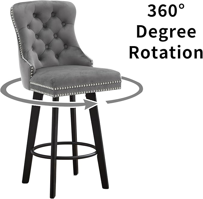 YISHENG Modern Swivel 27" H Seat Set of 4 Velvet Barstools with Backrest and Footrest,Button Tufted Rivet Trim Dining Room Chairs with Metal Pull Ring for Kitchen Island，Bistro, Home Bar，Gray