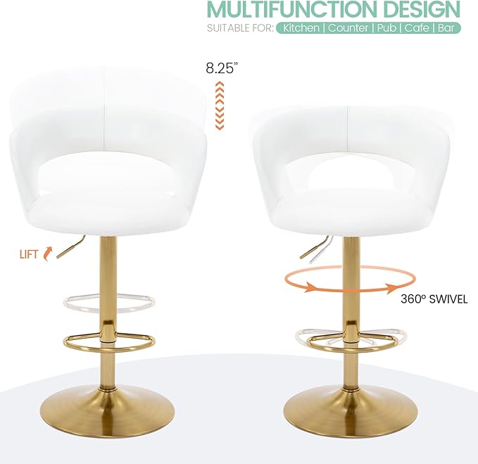Brage Living Wide Bar Stool, Modern PU Leather Swivel Adjustable Barstool with Hollow Back and Arms, Upholstered Airlift Counter Height Bar Chair for Kitchen Dining (Pearl White, Gold Base)