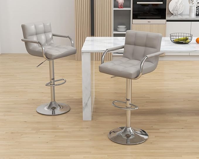 Modern PU Leather Bar Stools Set of 2, Adjustable Swivel Square Bar Chairs, Counter Height Barstools with Arms and Large Base for Island/Kitchen(Gray)
