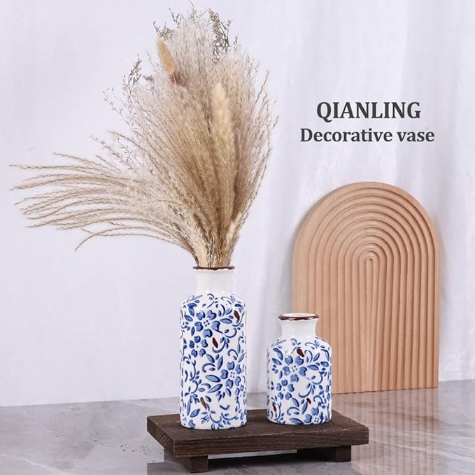 Chinoiserie Decor Ceramic Vases Set - 3 Blue and White Vase, Chinoiserie Vase Farmhouse Country, Flower Vases Home Decor, Living Room Decoration, Entrance, Fireplace, Table Decoration, Centerpieces