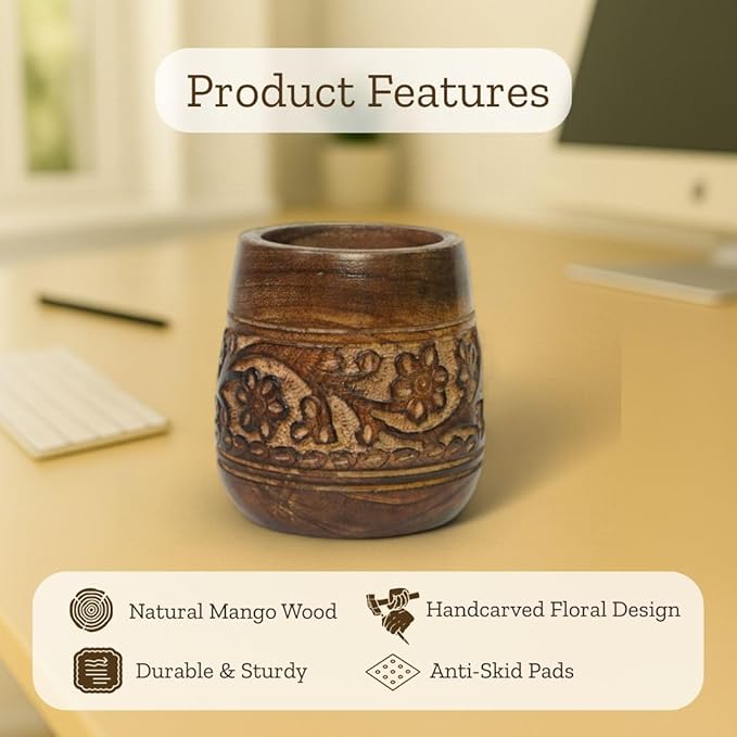 Mie Creations Designer Pencil Holder for Desk Wood | Wooden Pen Stand, Paintbrush Cup, Desk Accessories, Cute Make Up Brush Organizers | Office Desktop Stationery, Mothers Day Gift for Mom- 4'' Brown