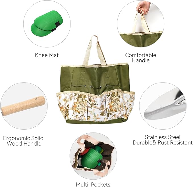 Gardening Tools 13 PCS Stainless Steel Heavy Duty Garden Tool Set with Storage Tote Bag, Knee Pads, Squirt Bottle and Gloves, Gardening Hand Tool Gifts Kit for Women Men