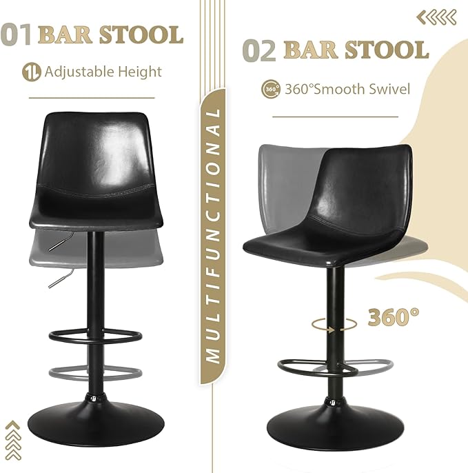 LEMBERI Bar Stools Set of 4, Modern Swivel Bar Adjustable Barstools Counter Height with Backrest, Faux Leather Upholstered Bar Chair for Kitchen Island (Black)