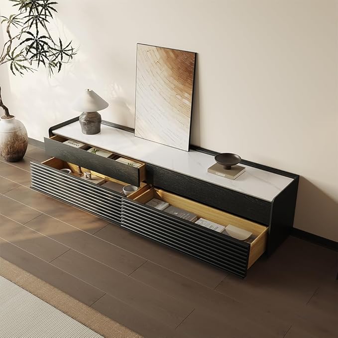 POVISON Fully-Assembled Mid Century Glossy Sintered Stone TV Stand, 78.74" Wood Media Console with Adjustable LED Light, Entertainment Center with Storage for Living Room