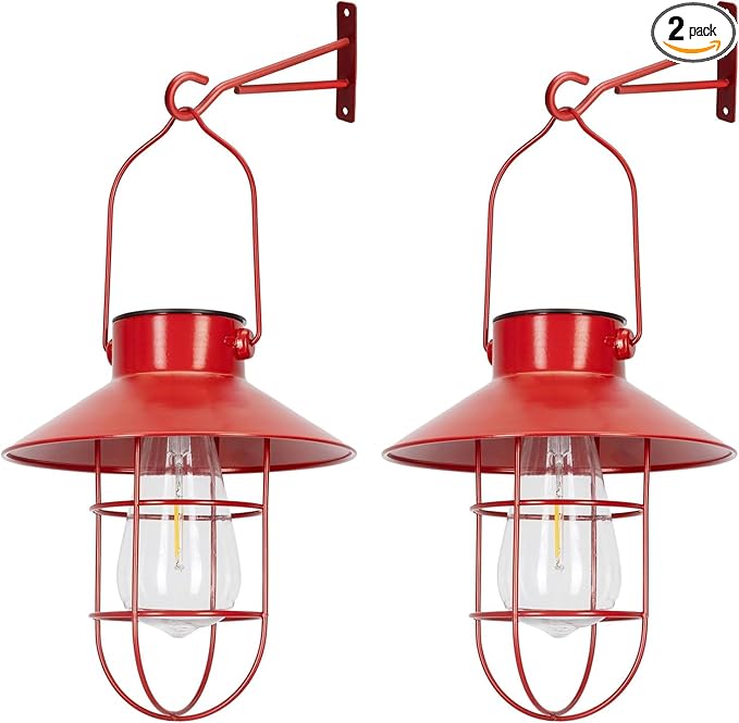 Solar Lanterns Outdoor Christmas Metal Solar Powered Hanging Lights Waterproof for Wall Barn Yard Garden Patio Garage Balcony Porch Fence Decor, Warm White Edison Bulb (Red-2pack)