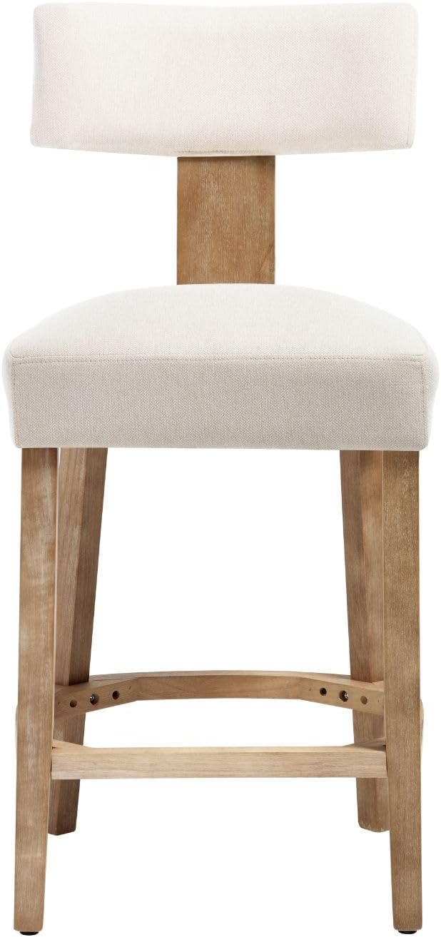 Linen Bar Stools Set of 2, Upholstered 27.7'' Counter Height Barstools with Curved Back, Farmhouse Wood Bar Chairs for Breakfast, Kitchen Island, Cafe, Beige