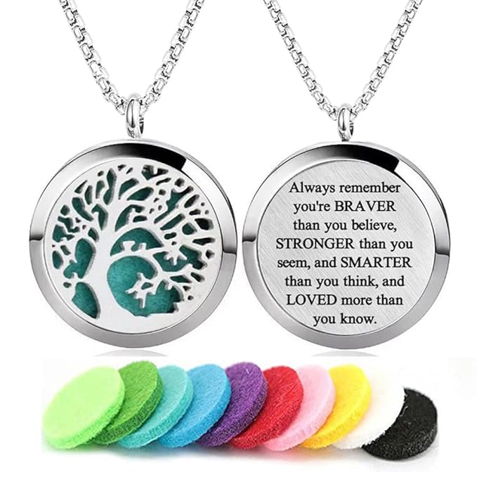 Aromatherapy Essential Oil Diffuser Necklace Stainless Steel lnspirational Locket Pendant(Tree of Life)