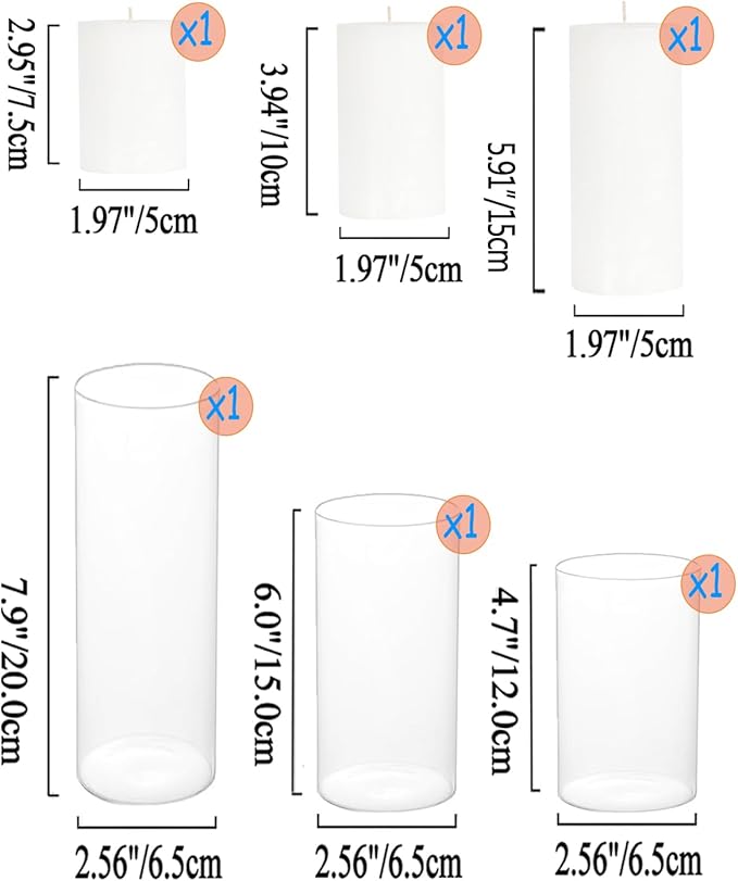 Set of 3 White Pillar Candles and Glass Candle Holders, Clear Cylinder Vases Pillar Candle Holders for Pillar Candles, Hurricane Candle Set for Party, Table, Home Decor, Wedding Centerpieces