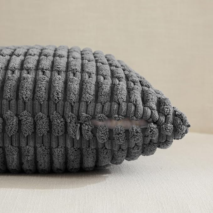 Fancy Homi 2 Packs Dark Grey Decorative Throw Pillow Covers 20x20 Inch for Living Room Couch Bed Sofa, Rustic Farmhouse Boho Home Decor, Soft Striped Corduroy Square Cushion Case 50x50 cm