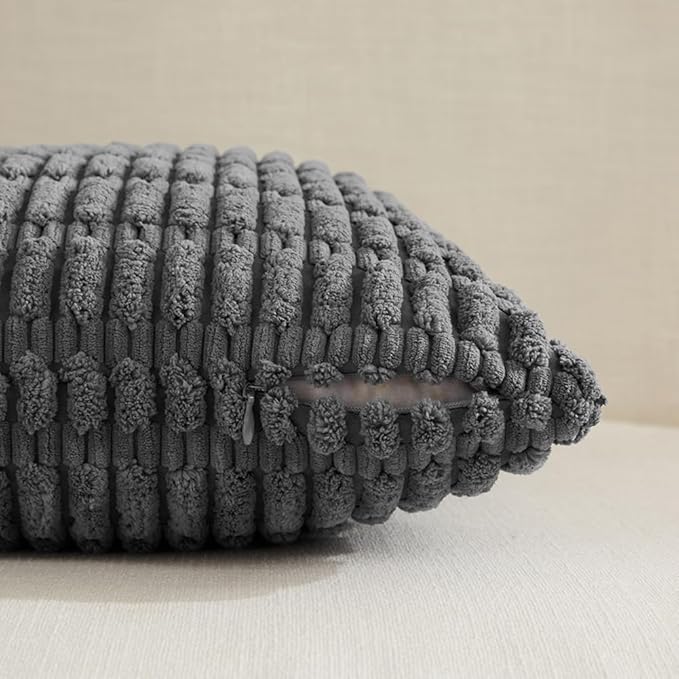 Fancy Homi 2 Packs Dark Grey Lumbar Decorative Throw Pillow Covers 12x24 Inch for Living Room Couch Bed Sofa, Rustic Farmhouse Boho Home Decor, Soft Striped Corduroy Rectangle Cushion Case 30x60 cm