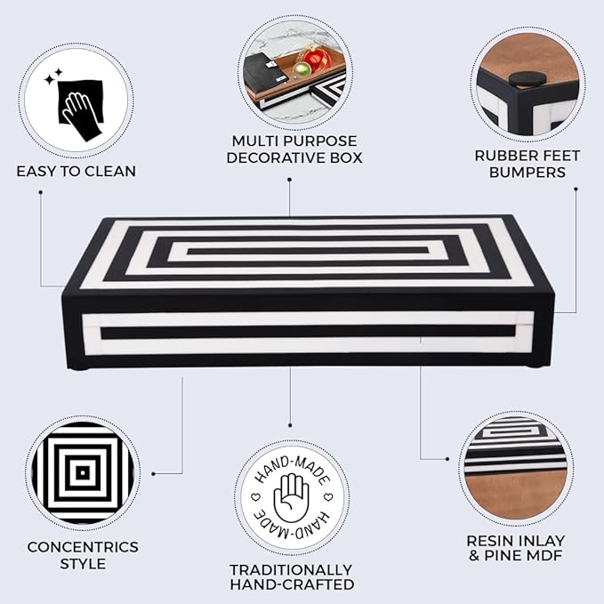 Handicrafts Home Large Decorative Storage Box with Lid – 12x6x2” Coffee Table Organizer, Keepsake- Decorative Boxes for Home Decor, Stylish Decorative Box for Office Decor- Concentric - Black White