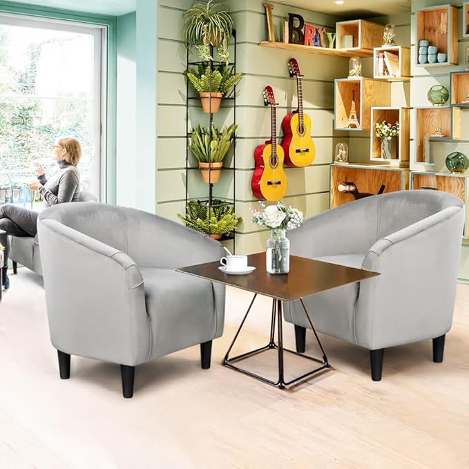 Yaheetech Living Room Chair, Velvet Accent Upholstered Barrel Sitting Chair with Armrest and Low Back for Bedroom, Grey