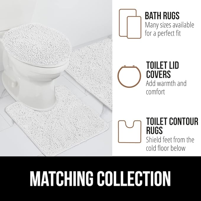 GORILLA GRIP Bath Rug Mat, Thick Soft Absorbent Chenille, Quick Dry Microfiber Mats, Rubber Backing Washable Shower Floor Rugs, Bathmat Runner, US Designed Bathroom Home Decor Accessories 24x17, White