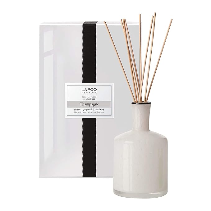 LAFCO New York Signature Reed Diffuser, Champagne - 15 oz - Up to 9 Months Fragrance Life - Reusable, Hand Blown Glass Vessel - Natural Wood Reeds - Made in The USA