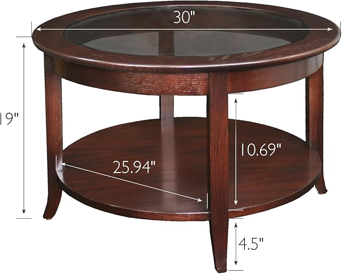 Sheldon Round Glass Top Solid Wood Coffee Table with Shelf, Chocolate Oak Brown – Leick Home, 10037