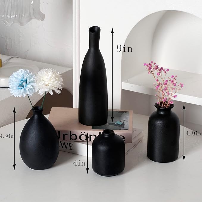 Black Ceramic Vase Set of 4, Classic Matte Vases Home Decorations for Table Shelf Office Decor (Black)