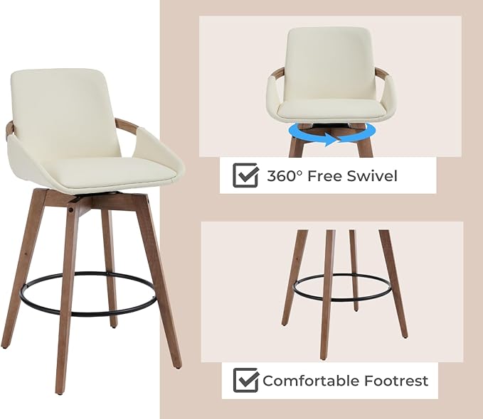 EALSON Swivel Counter Height Bar Stools Set of 2 Mid Century Modern Natural Wood Barstools with Back and Arms Comfortable Leather Upholstered Counter Stools Bar Chairs for Kitchen Island, Beige