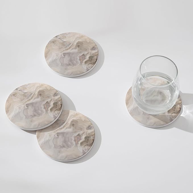 Set of 6 Abstract Marble Coasters with Holder, Absorbent Ceramic Coasters for Drinks, Coasters with Cork Backing for Table Protection, Housewarming Gifts for New Home