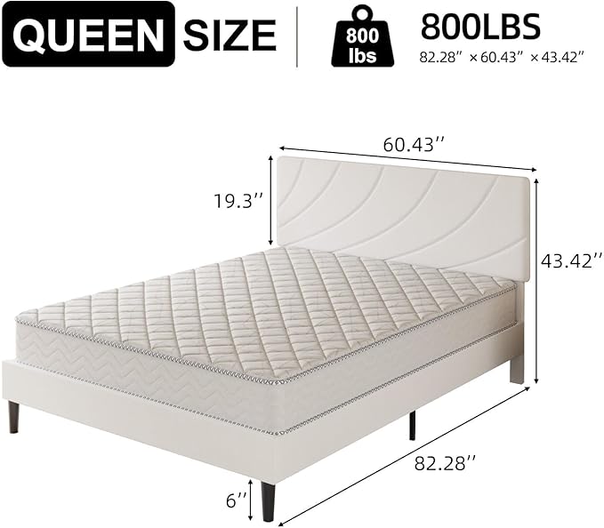 HOMBCK Queen Bed Frame with Adjustable Headboard, Bed Frame Queen Size with Linen Fabric Upholstered, Strong Wooden Slats, No Box Spring Needed, Noise Free, Easy Assembly, White