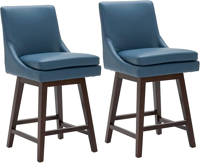 CHITA Counter Height Swivel Barstool with Back Set of 2, FSC Certified Upholstered Faux Leather Swivel Bar Stool, 26.8" H Seat Height, PU Leather in Dark Blue