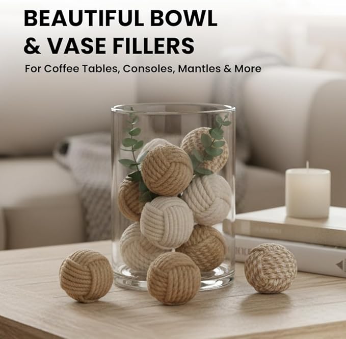 Nautical Rope Balls Decorative – 2 Inch – Set of 8 – Handmade from Jute and Cotton – for Farmhouse Bowl Fillers, Rustic Home Accents, or Table Decor – Perfect for Coastal Styling
