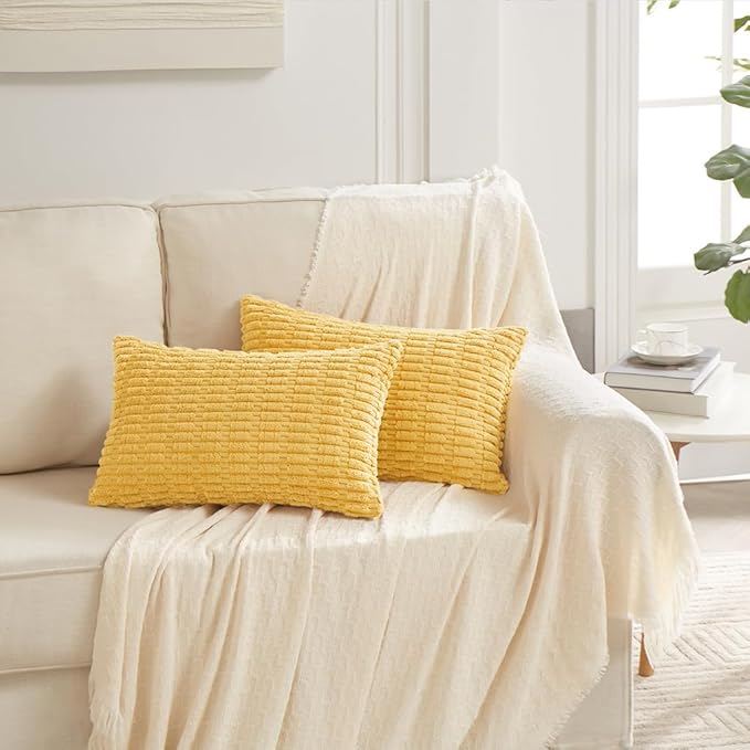Fancy Homi 2 Packs Yellow Lumbar Decorative Throw Pillow Covers 12x20 Inch for Living Room Couch Bed Sofa, Rustic Farmhouse Boho Home Decor, Soft Striped Corduroy Rectangle Cushion Case 30x50 cm