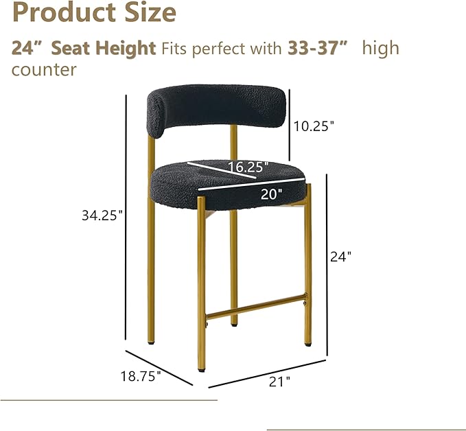 24'' Boucle Bar Stools Set of 2, Black Bar Stools with Backs, Counter Height Bar Height Stools for Kitchen Island, Upholstered Bar Chairs with Gold Legs