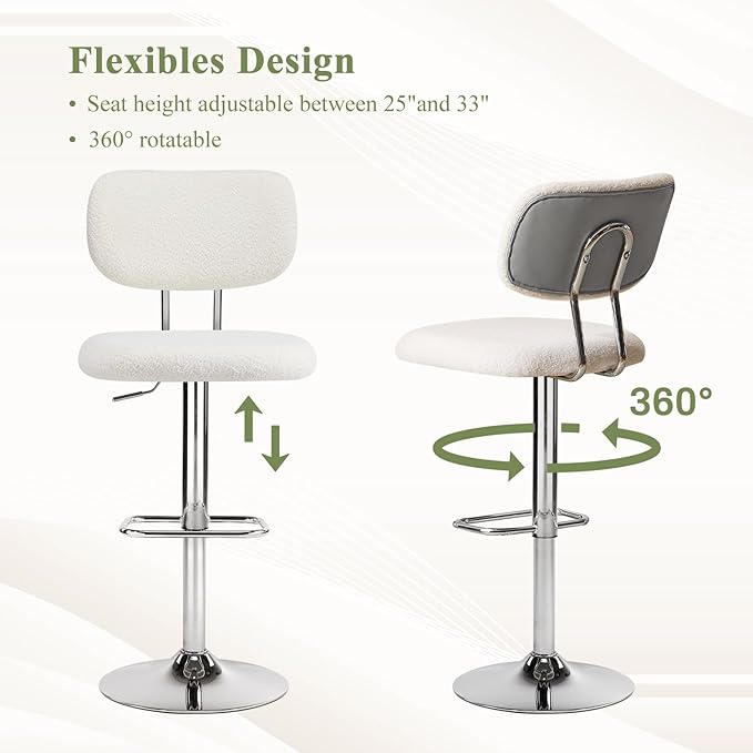 Furniliving Adjustable Bar Stools Set of 2, Modern Teddy Velvet Swivel Barstools with Curved Back, Stylish Armless Counter Height Bar Stools Bar Chairs for Kitchen Island, Bar, Grey