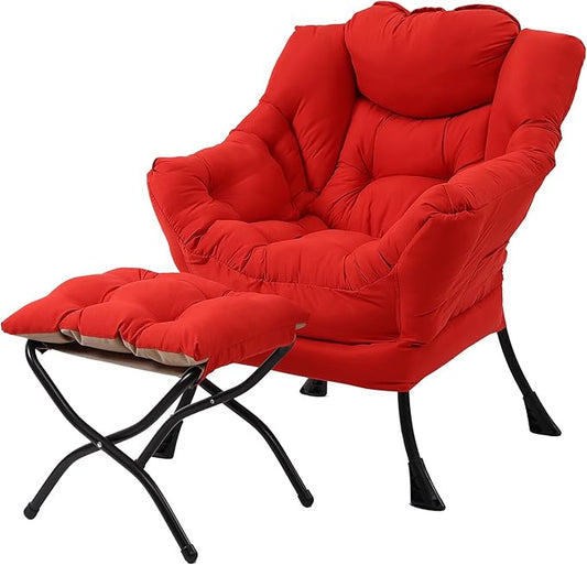 Welnow Lazy Chair with Ottoman, Modern Lounge Accent Chair with Armrests and a Side Pocket, Leisure Sofa Armchair Set, Reading Armchair with Footrest for Small Space, Red