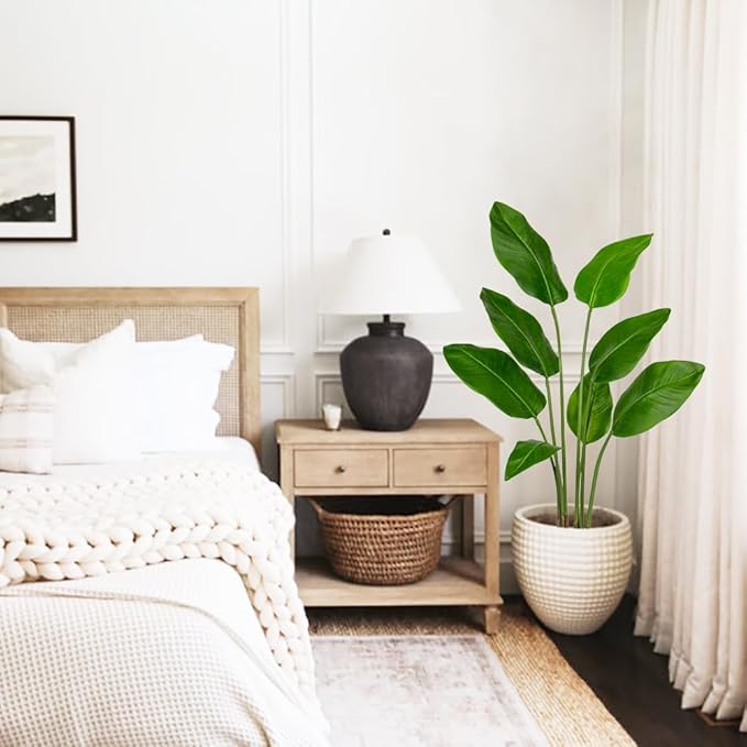 Hollyone Large Bird of Paradise Artificial Plant in Pot 4FT Tall Fake Bird of Paradise Plant Faux Tropical Palm Tree Faux Plantain Banana Leaf for Indoor Outdoor Home Office Garden Decoration 8 Leaves