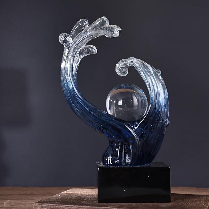Modern Abstract Decorative Wave Statue, Gold Abstract Art Home Decor,Crystal Ball Art Wave Resin Sculpture, Office Desk Stand, Dining Table Center Decorative Aesthetics (Blue)